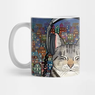 City Cat Listening to Music Mug